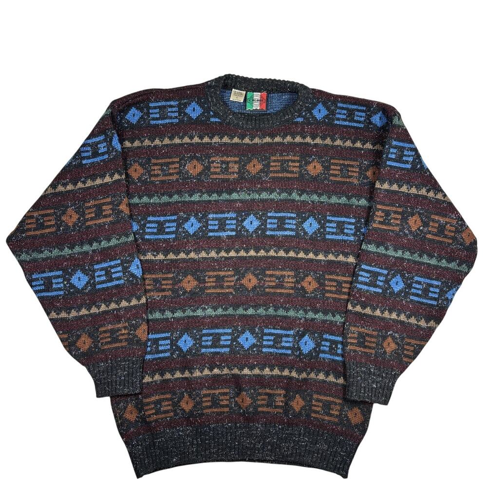 Vintage Colore Italia Sweater Mens L Geometric Wool Blend Made in Italy 90s Knit